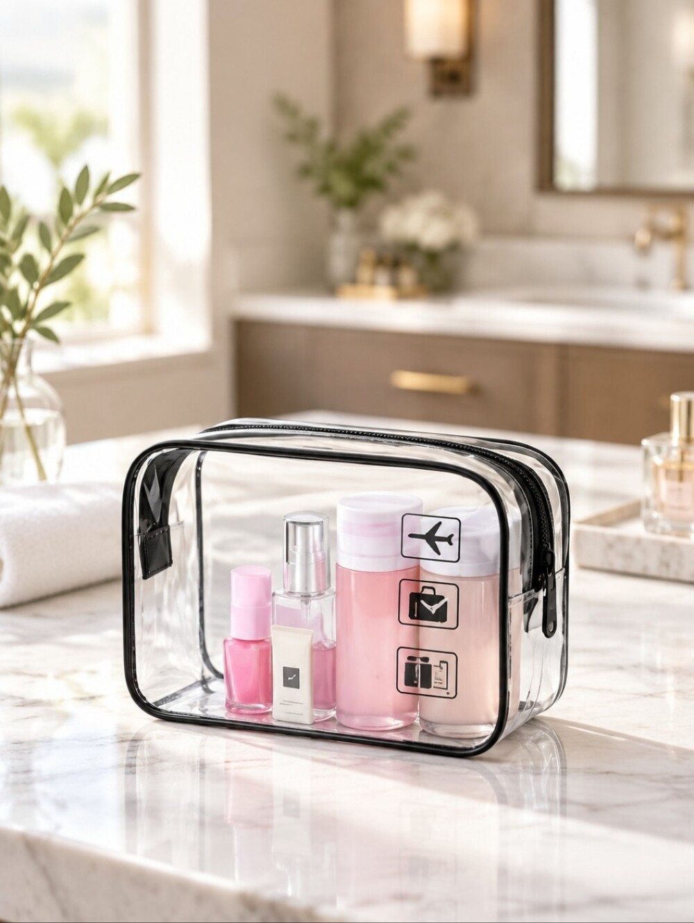 Wandf Transparent Travel Toiletry Bag with Pink and Black Accents